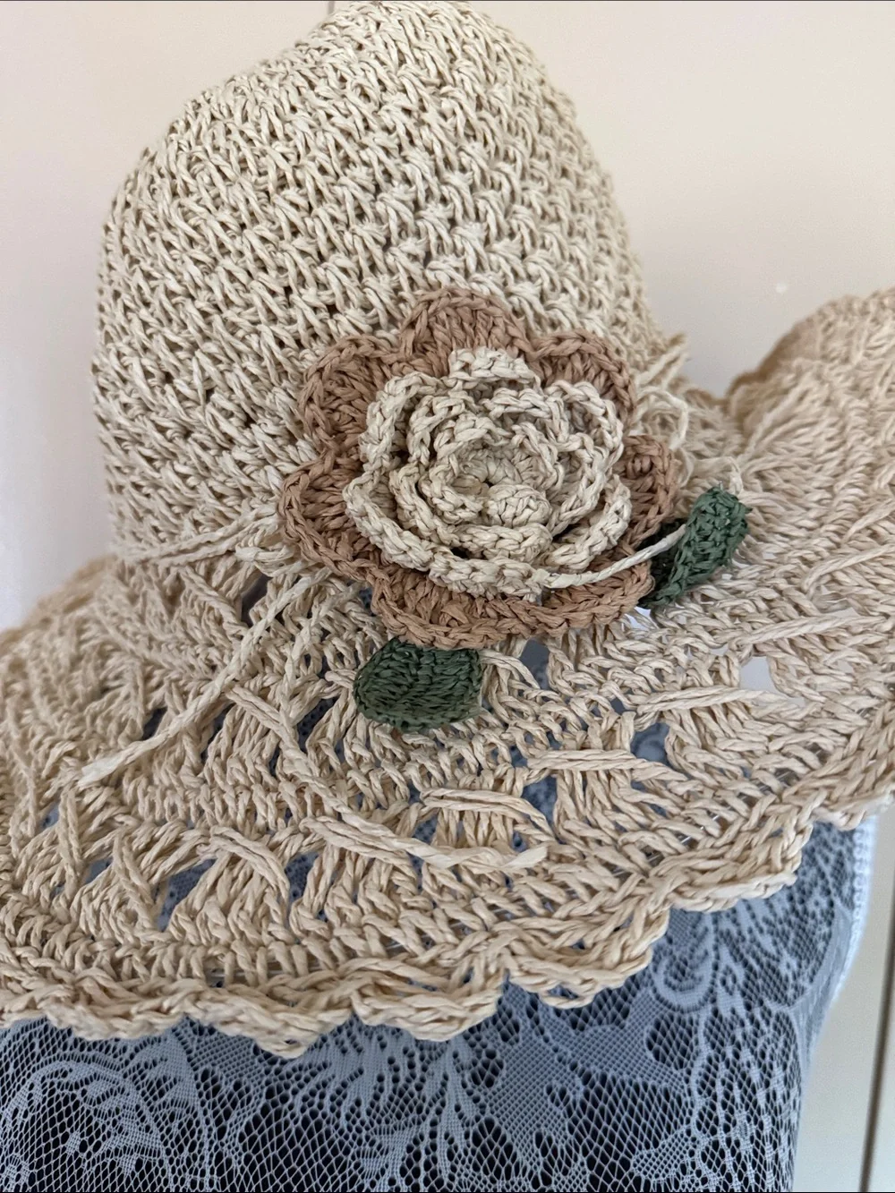 Straw Crochet Sun Hat - Beige